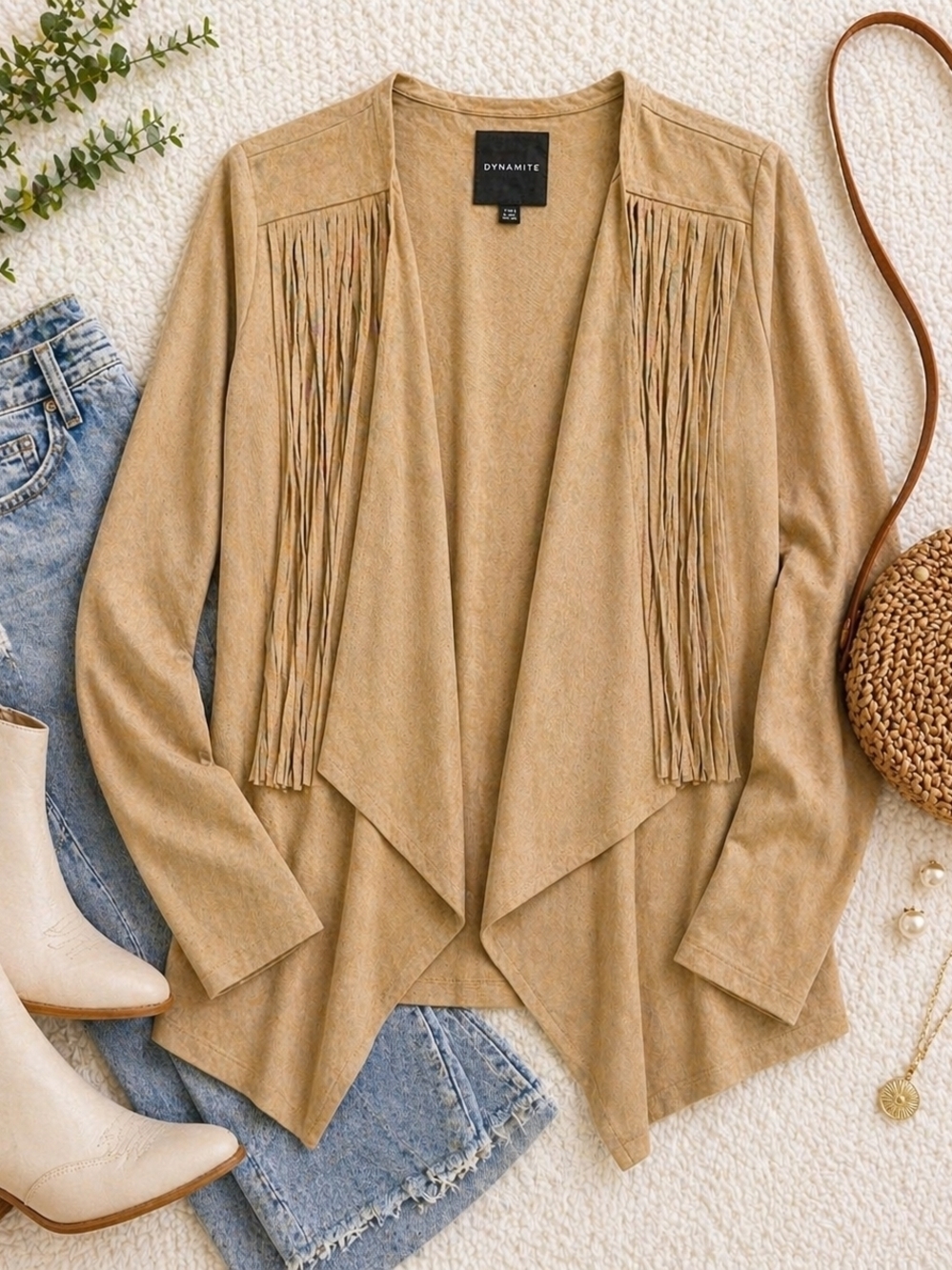 Dynamite Fringe Faux Suede Jacket Tan XS-18ptp